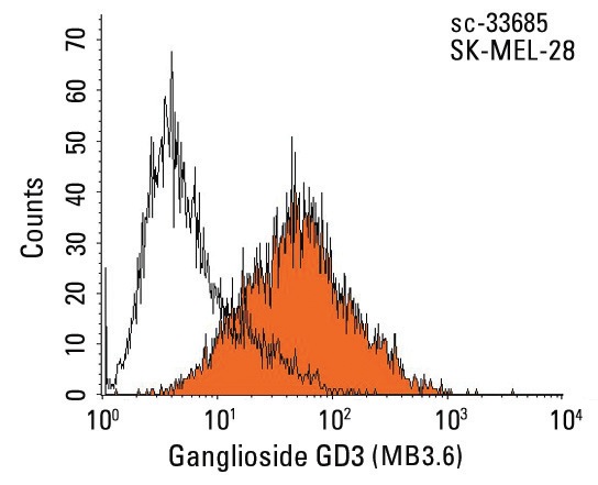  Ganglioside GD3 (MB3.6): sc-33685. Indirect FCM analysis of SK-MEL-28 cells stained with Ganglioside GD3 (MB3.6), followed by PE-conjugated goat anti-mouse IgG<sub>3</sub>: sc-3767. Black line histogram represents the isotype control, normal mouse IgG<sub>3</sub>: sc-3880.