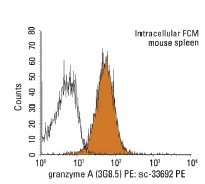  granzyme A (3G8.5) PE: sc-33692 PE. Intracellular FCM analysis of fixed and permeabilized BALB/c splenocytes. Black line histogram represents the isotype control, normal mouse IgG<sub>2b</sub>: sc-2868.