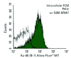  Ku-86 (B-1) Alexa Fluor 647: sc-5280 AF647. Intracellular FCM analysis of fixed and permeabilized HeLa cells. Black line histogram represents the isotype control, normal mouse IgG<sub>1</sub>: sc-24636.