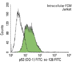  p53 (DO-1) FITC: sc-126 FITC. Intracellular FCM analysis of fixed and permeabilized Jurkat cells. Black line histogram represents the isotype control, normal mouse IgG<sub>2a</sub>: sc-2856.