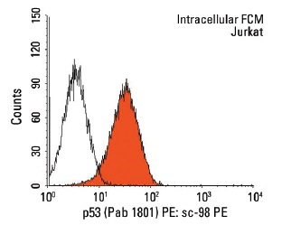  p53 (Pab 1801) PE: sc-98 PE. Intracellular FCM analysis of fixed and permeabilized Jurkat cells. Black line histogram represents the isotype control, normal mouse IgG<sub>1</sub>: sc-2866.