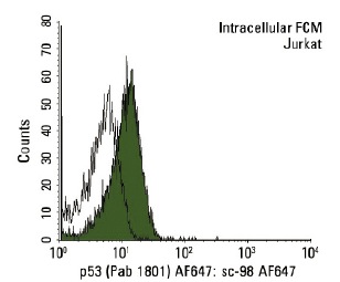  p53 (Pab 1801) AF647: sc-98 AF647. Intracellular FCM analysis of fixed and permeabilized Jurkat cells. Black line histogram represents the isotype control, normal mouse IgG<sub>1</sub>: sc-24636.