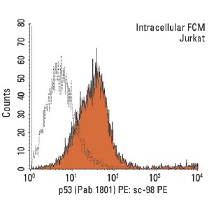  p53 (Pab 1801) PE: sc-98 PE. Intracellular FCM analysis of methanol permeabilized Jurkat cells. Solid black line histogram represents control mouse IgG<sub>1</sub>: sc-2866.