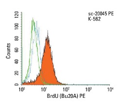  BrdU (Bu20A) PE: sc-20045 PE. Intracellular FCM analysis of fixed and permeabilized untreated (dotted blue histogram) and BrdU-treated (solid orange histogram) K-562 cells. Green line histogram represents the isotype control, normal mouse IgG<sub>1</sub>: sc-2866.